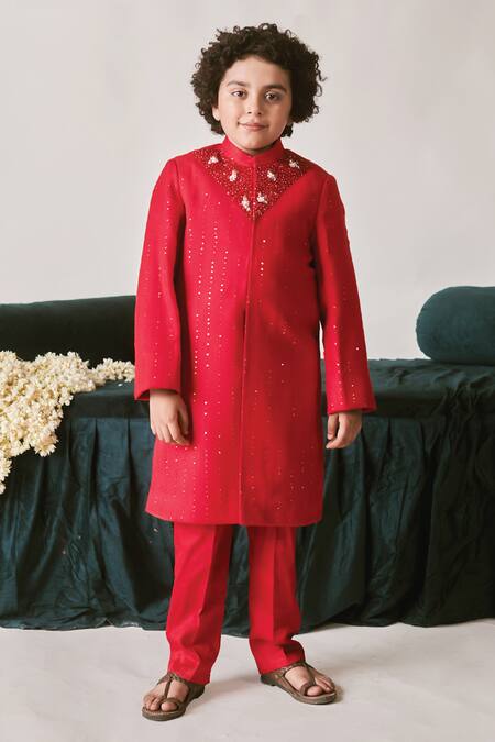 Buy_Littleens_Red Silk, Velvet Crystals, Cut Work, Sequins, Embroidery Mirza Sherwani Set _Online_at_Aza_Fashions