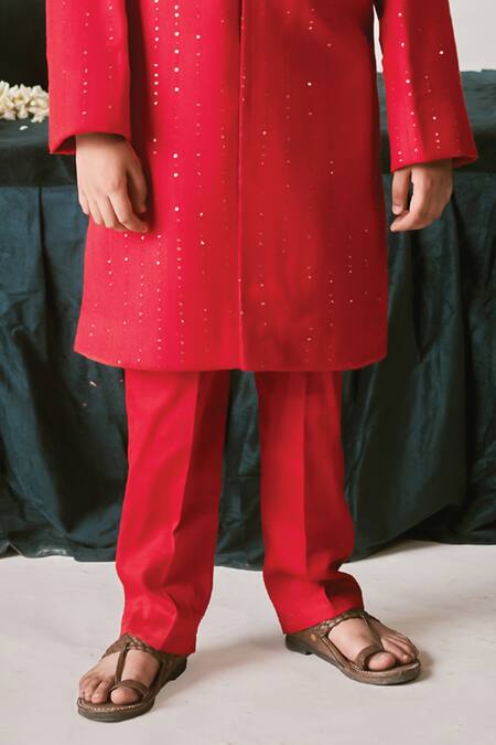 Shop_Littleens_Red Silk, Velvet Crystals, Cut Work, Sequins, Embroidery Mirza Sherwani Set _Online_at_Aza_Fashions