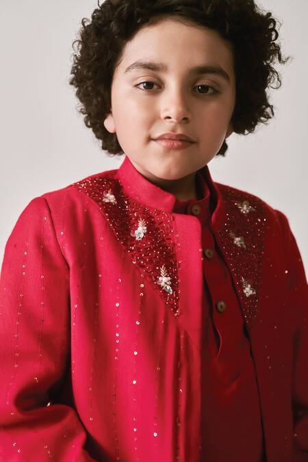 Littleens_Red Silk, Velvet Crystals, Cut Work, Sequins, Embroidery Mirza Sherwani Set _at_Aza_Fashions