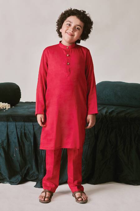 Buy_Littleens_Red Silk, Velvet Crystals, Cut Work, Sequins, Embroidery Mirza Sherwani Set 