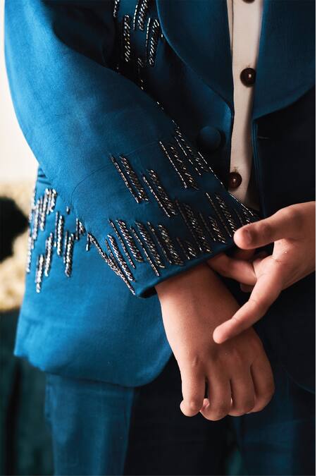 Littleens_Blue Satin Beads, Cut Work Maham Placement Embroidered Tuxedo Set _Online_at_Aza_Fashions
