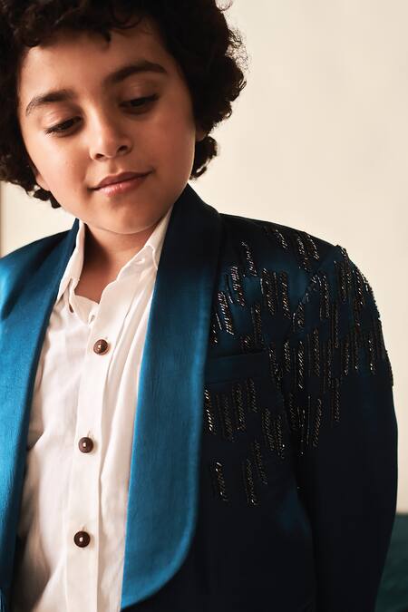 Buy_Littleens_Blue Satin Beads, Cut Work Maham Placement Embroidered Tuxedo Set _Online_at_Aza_Fashions