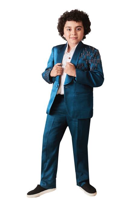 Littleens_Blue Satin Beads, Cut Work Maham Placement Embroidered Tuxedo Set _at_Aza_Fashions