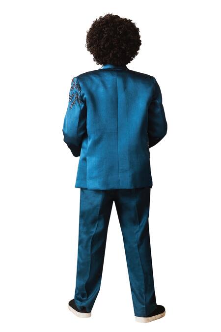 Buy_Littleens_Blue Satin Beads, Cut Work Maham Placement Embroidered Tuxedo Set 