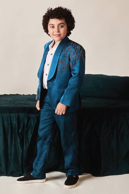 Shop_Littleens_Blue Satin Beads, Cut Work Maham Placement Embroidered Tuxedo Set 