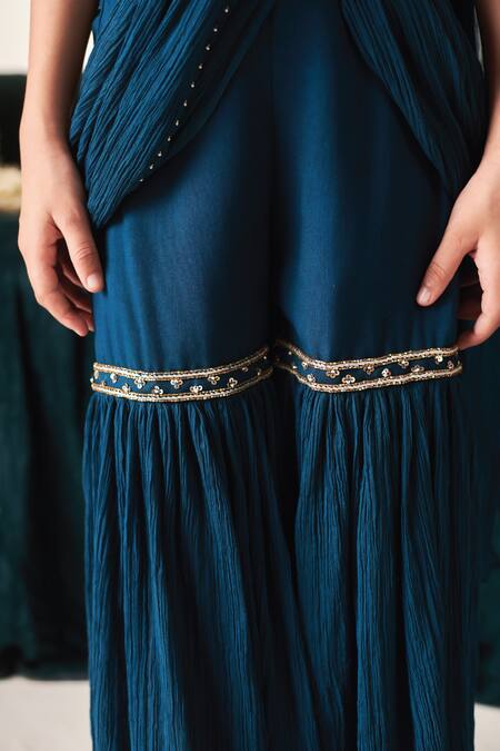 Littleens Blue Cotton, Crepe Sequins, Zari Saaz Sharara Saree With Embroidered Blouse Online at Aza Fashions Littleens_Blue Cotton, Crepe Sequins, Zari Saaz Sharara Saree With Embroidered Blouse _Online_at_Aza_Fashions