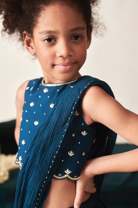 Shop Littleens Blue Cotton, Crepe Sequins, Zari Saaz Sharara Saree With Embroidered Blouse Online at Aza Fashions Shop_Littleens_Blue Cotton, Crepe Sequins, Zari Saaz Sharara Saree With Embroidered Blouse _Online_at_Aza_Fashions