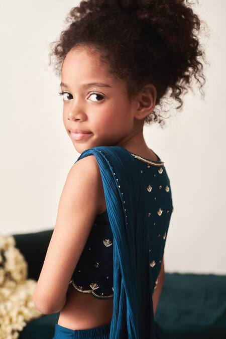 Littleens Blue Cotton, Crepe Sequins, Zari Saaz Sharara Saree With Embroidered Blouse at Aza Fashions Littleens_Blue Cotton, Crepe Sequins, Zari Saaz Sharara Saree With Embroidered Blouse _at_Aza_Fashions