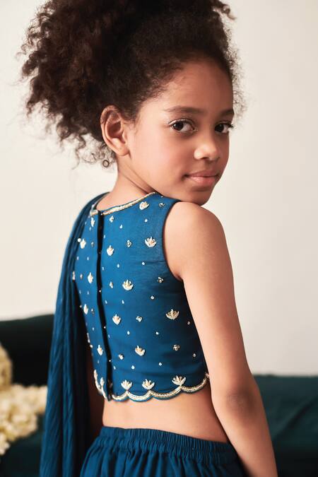 Buy Littleens Blue Cotton, Crepe Sequins, Zari Saaz Sharara Saree With Embroidered Blouse Buy_Littleens_Blue Cotton, Crepe Sequins, Zari Saaz Sharara Saree With Embroidered Blouse