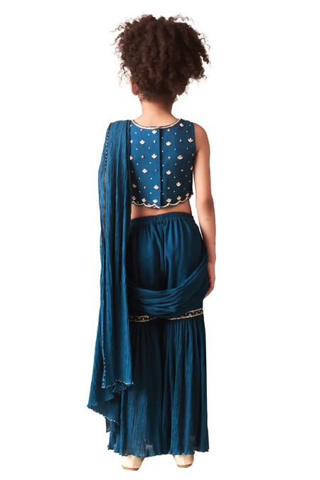 Shop Littleens Blue Cotton, Crepe Sequins, Zari Saaz Sharara Saree With Embroidered Blouse Shop_Littleens_Blue Cotton, Crepe Sequins, Zari Saaz Sharara Saree With Embroidered Blouse