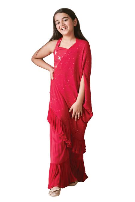 Littleens_Red Chiffon, Cotton Sequins, Beads, Cut Nagma Sharara Set With Embroidered Shrug _Online_at_Aza_Fashions