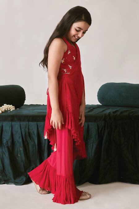 Buy_Littleens_Red Chiffon, Cotton Sequins, Beads, Cut Nagma Sharara Set With Embroidered Shrug _Online_at_Aza_Fashions