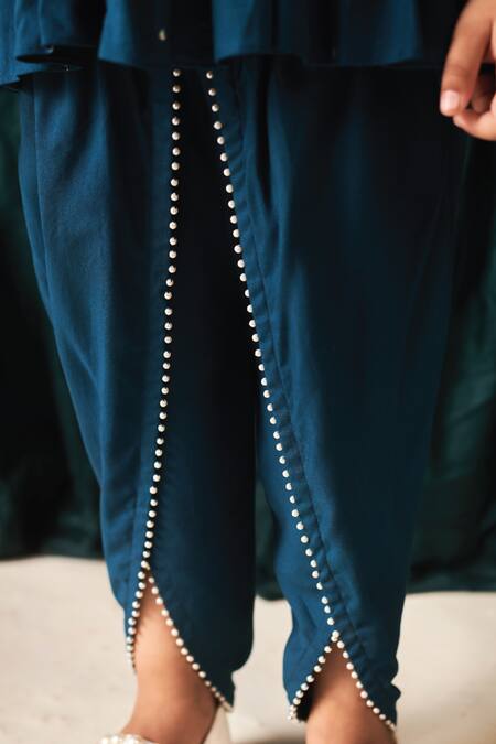 Littleens_Blue Voile, Viscose Pearls, Nairab Embroidered Short Kurta And Dhoti Pant Set _Online_at_Aza_Fashions