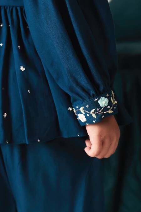 Buy_Littleens_Blue Voile, Viscose Pearls, Nairab Embroidered Short Kurta And Dhoti Pant Set _Online_at_Aza_Fashions