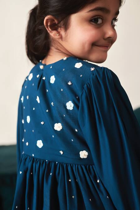 Shop_Littleens_Blue Voile, Viscose Pearls, Nairab Embroidered Short Kurta And Dhoti Pant Set _Online_at_Aza_Fashions