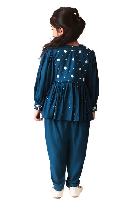Littleens_Blue Voile, Viscose Pearls, Nairab Embroidered Short Kurta And Dhoti Pant Set _at_Aza_Fashions