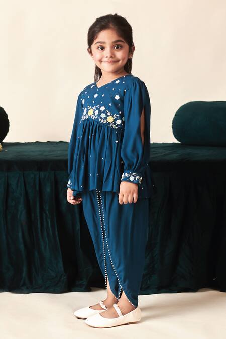 Buy_Littleens_Blue Voile, Viscose Pearls, Nairab Embroidered Short Kurta And Dhoti Pant Set 