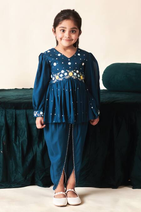 Shop_Littleens_Blue Voile, Viscose Pearls, Nairab Embroidered Short Kurta And Dhoti Pant Set 