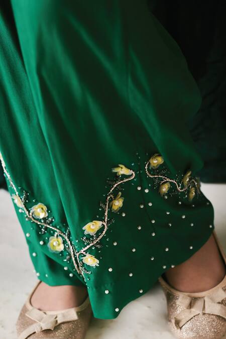 Littleens_Green Chiffon Pearls, Sequins, Embroidery Aabida 3d Floral Kaftan And Pant Set _Online_at_Aza_Fashions