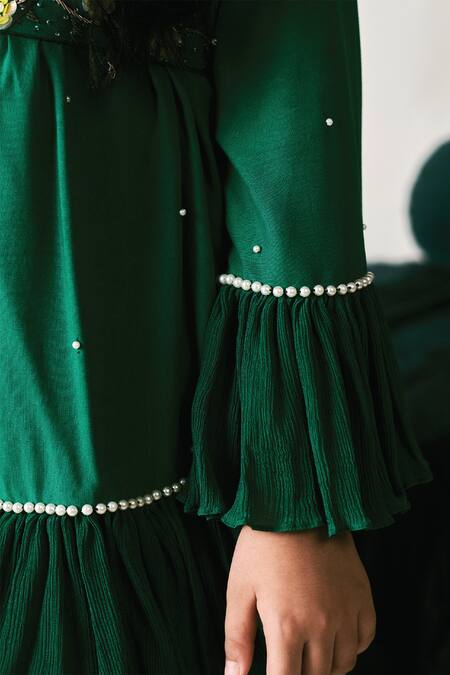 Buy_Littleens_Green Chiffon Pearls, Sequins, Embroidery Aabida 3d Floral Kaftan And Pant Set _Online_at_Aza_Fashions