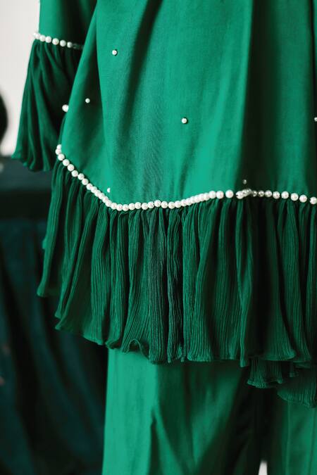 Shop_Littleens_Green Chiffon Pearls, Sequins, Embroidery Aabida 3d Floral Kaftan And Pant Set _Online_at_Aza_Fashions