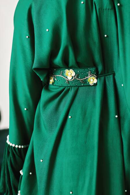 Littleens_Green Chiffon Pearls, Sequins, Embroidery Aabida 3d Floral Kaftan And Pant Set _at_Aza_Fashions