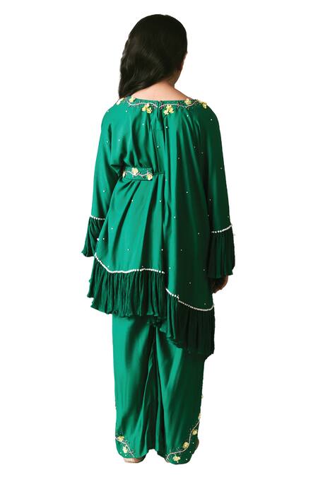 Buy_Littleens_Green Chiffon Pearls, Sequins, Embroidery Aabida 3d Floral Kaftan And Pant Set 