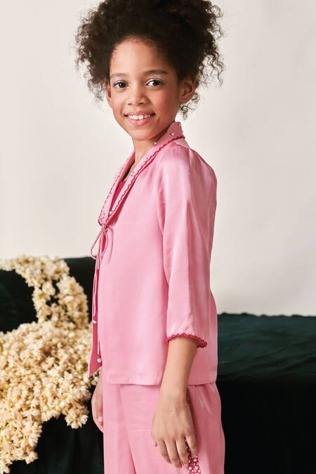 Littleens_Pink Viscose, Satin Beads, Pearls Zia Embroidered Jacket And Pant Set _Online_at_Aza_Fashions