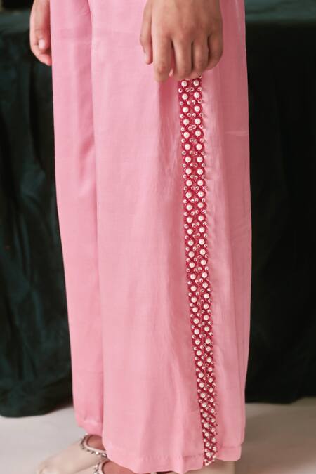 Buy_Littleens_Pink Viscose, Satin Beads, Pearls Zia Embroidered Jacket And Pant Set _Online_at_Aza_Fashions