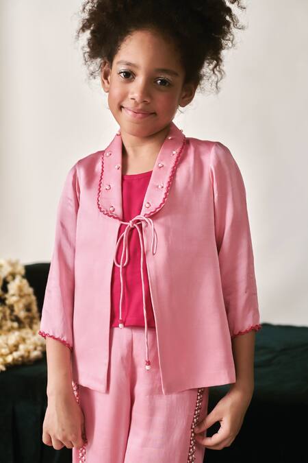 Shop_Littleens_Pink Viscose, Satin Beads, Pearls Zia Embroidered Jacket And Pant Set _Online_at_Aza_Fashions