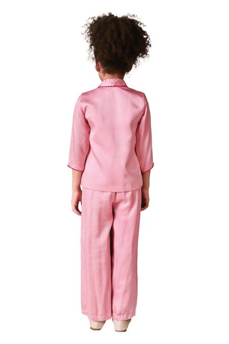 Littleens_Pink Viscose, Satin Beads, Pearls Zia Embroidered Jacket And Pant Set _at_Aza_Fashions