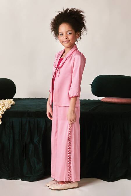 Buy_Littleens_Pink Viscose, Satin Beads, Pearls Zia Embroidered Jacket And Pant Set 