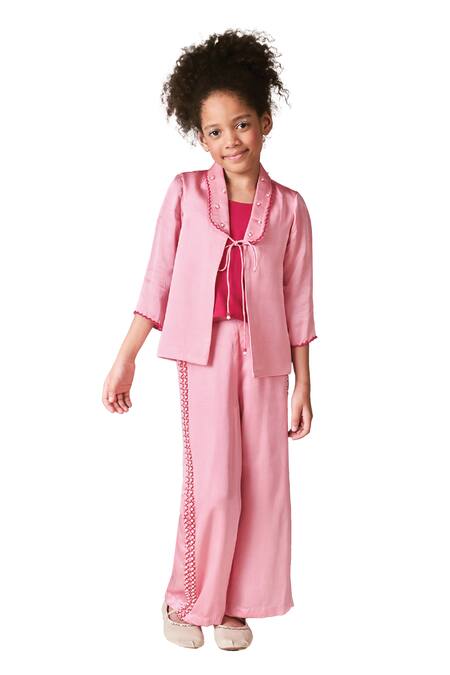 Shop_Littleens_Pink Viscose, Satin Beads, Pearls Zia Embroidered Jacket And Pant Set 