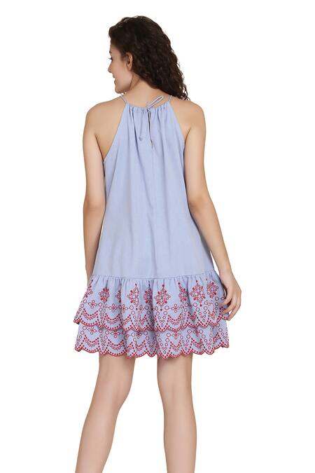 Buy Bohobi Blue Cotton Embroidery Halter Neck Abstract Print Dress Online at Aza Fashions Buy_Bohobi_Blue Cotton Embroidery Halter Neck Abstract Print Dress _Online_at_Aza_Fashions
