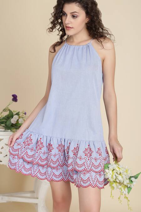 Buy Bohobi Blue Cotton Embroidery Halter Neck Abstract Print Dress Buy_Bohobi_Blue Cotton Embroidery Halter Neck Abstract Print Dress