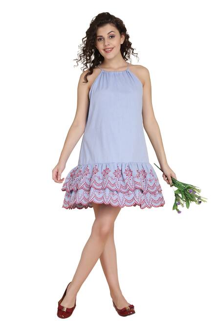 Shop Bohobi Blue Cotton Embroidery Halter Neck Abstract Print Dress Shop_Bohobi_Blue Cotton Embroidery Halter Neck Abstract Print Dress