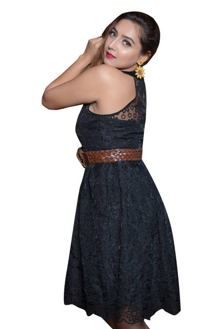 Shop Bohobi Black Organza Embroidery Halter Neck Dress Shop_Bohobi_Black Organza Embroidery Halter Neck Dress