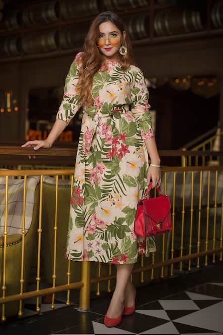 Shop Bohobi Beige Cotton Embroidery Round Neck Blossom Morning Floral Print Dress at Aza Fashions Shop_Bohobi_Beige Cotton Embroidery Round Neck Blossom Morning Floral Print Dress _at_Aza_Fashions