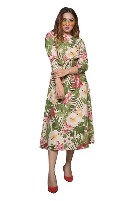 Buy Bohobi Beige Cotton Embroidery Round Neck Blossom Morning Floral Print Dress Buy_Bohobi_Beige Cotton Embroidery Round Neck Blossom Morning Floral Print Dress