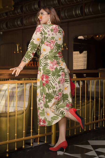 Shop Bohobi Beige Cotton Embroidery Round Neck Blossom Morning Floral Print Dress Shop_Bohobi_Beige Cotton Embroidery Round Neck Blossom Morning Floral Print Dress