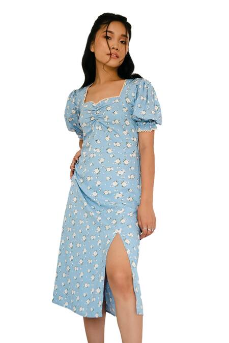 Bohobi Blue Cotton Sweetheart Neck Floral Print Dress Online at Aza Fashions Bohobi_Blue Cotton Sweetheart Neck Floral Print Dress _Online_at_Aza_Fashions