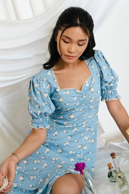 Buy Bohobi Blue Cotton Sweetheart Neck Floral Print Dress Online at Aza Fashions Buy_Bohobi_Blue Cotton Sweetheart Neck Floral Print Dress _Online_at_Aza_Fashions