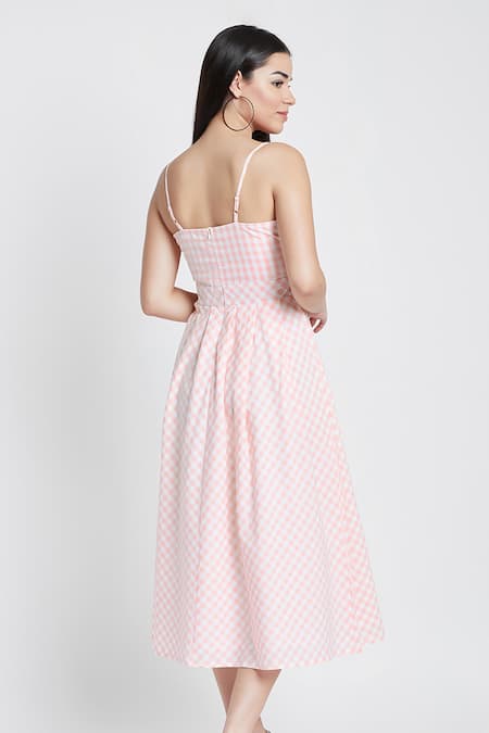 Shop Bohobi Peach Cotton Round Neck Brunch Ready Checkered Print Dress at Aza Fashions Shop_Bohobi_Peach Cotton Round Neck Brunch Ready Checkered Print Dress _at_Aza_Fashions