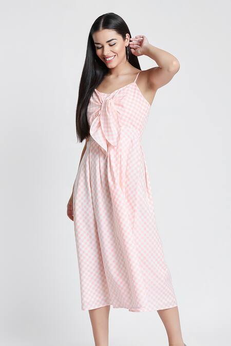 Buy Bohobi Peach Cotton Round Neck Brunch Ready Checkered Print Dress Online at Aza Fashions Buy_Bohobi_Peach Cotton Round Neck Brunch Ready Checkered Print Dress _Online_at_Aza_Fashions