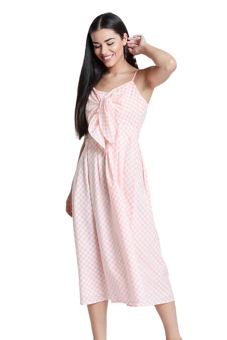 Shop Bohobi Peach Cotton Round Neck Brunch Ready Checkered Print Dress Online at Aza Fashions Shop_Bohobi_Peach Cotton Round Neck Brunch Ready Checkered Print Dress _Online_at_Aza_Fashions