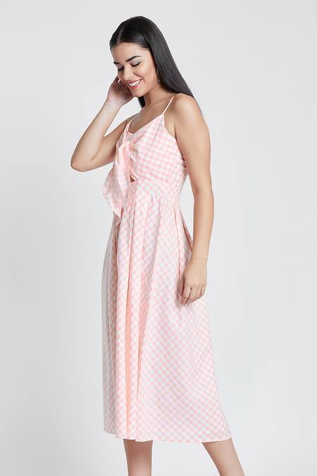 Bohobi Peach Cotton Round Neck Brunch Ready Checkered Print Dress at Aza Fashions Bohobi_Peach Cotton Round Neck Brunch Ready Checkered Print Dress _at_Aza_Fashions