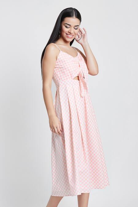 Buy Bohobi Peach Cotton Round Neck Brunch Ready Checkered Print Dress Buy_Bohobi_Peach Cotton Round Neck Brunch Ready Checkered Print Dress