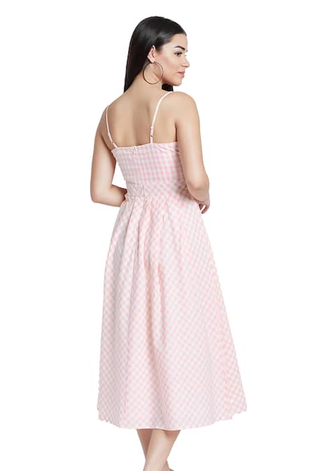 Shop Bohobi Peach Cotton Round Neck Brunch Ready Checkered Print Dress Shop_Bohobi_Peach Cotton Round Neck Brunch Ready Checkered Print Dress