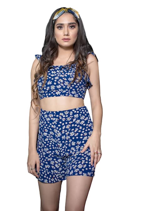 Bohobi_Blue Cotton Square Neck Daisy Dream Floral Print Crop Top And Shorts Set _at_Aza_Fashions