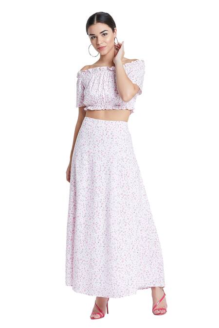 Shop Bohobi Pink Cotton Off-shoulder Daisy Love Floral Print Top And Skirt Set Online at Aza Fashions Shop_Bohobi_Pink Cotton Off-shoulder Daisy Love Floral Print Top And Skirt Set _Online_at_Aza_Fashions